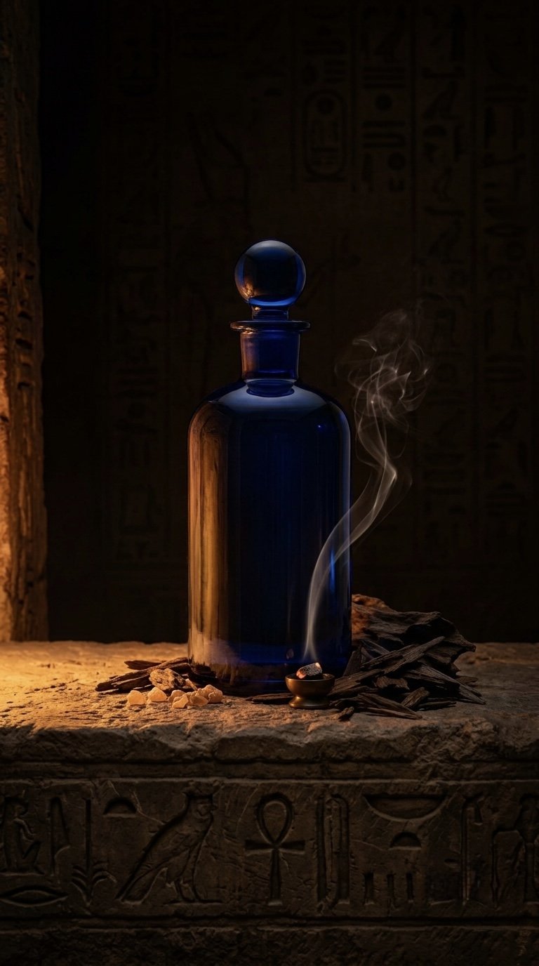 House of Hatshepsut perfume bottle in blue glass with rising incense smoke