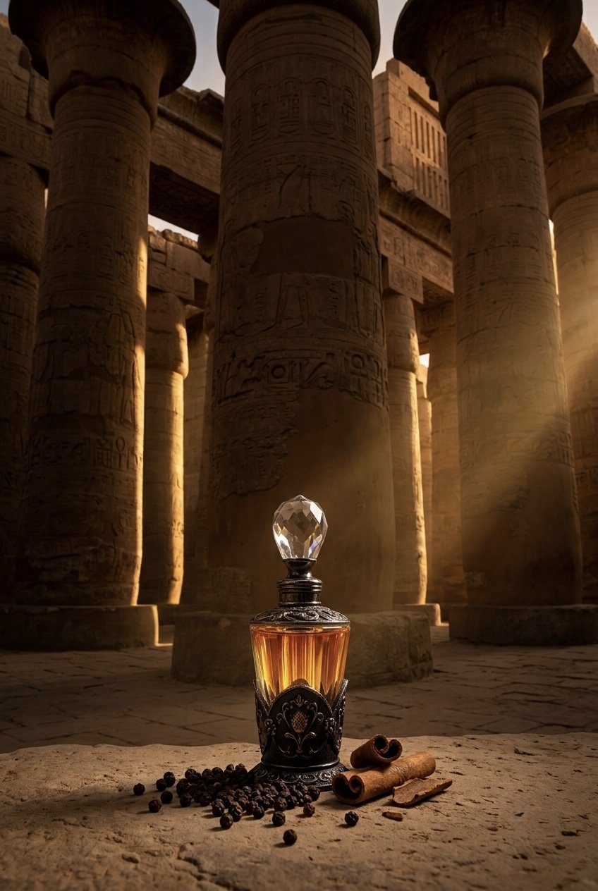 House of Hatshepsut perfume bottle among temple columns, black pepper and cinnamon