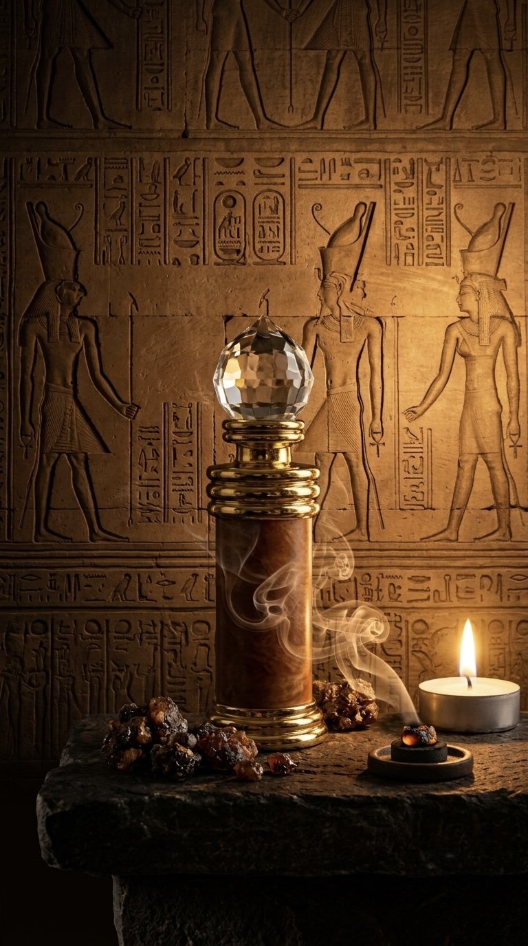 House of Hatshepsut perfume bottle beside a lit candle and frankincense resin