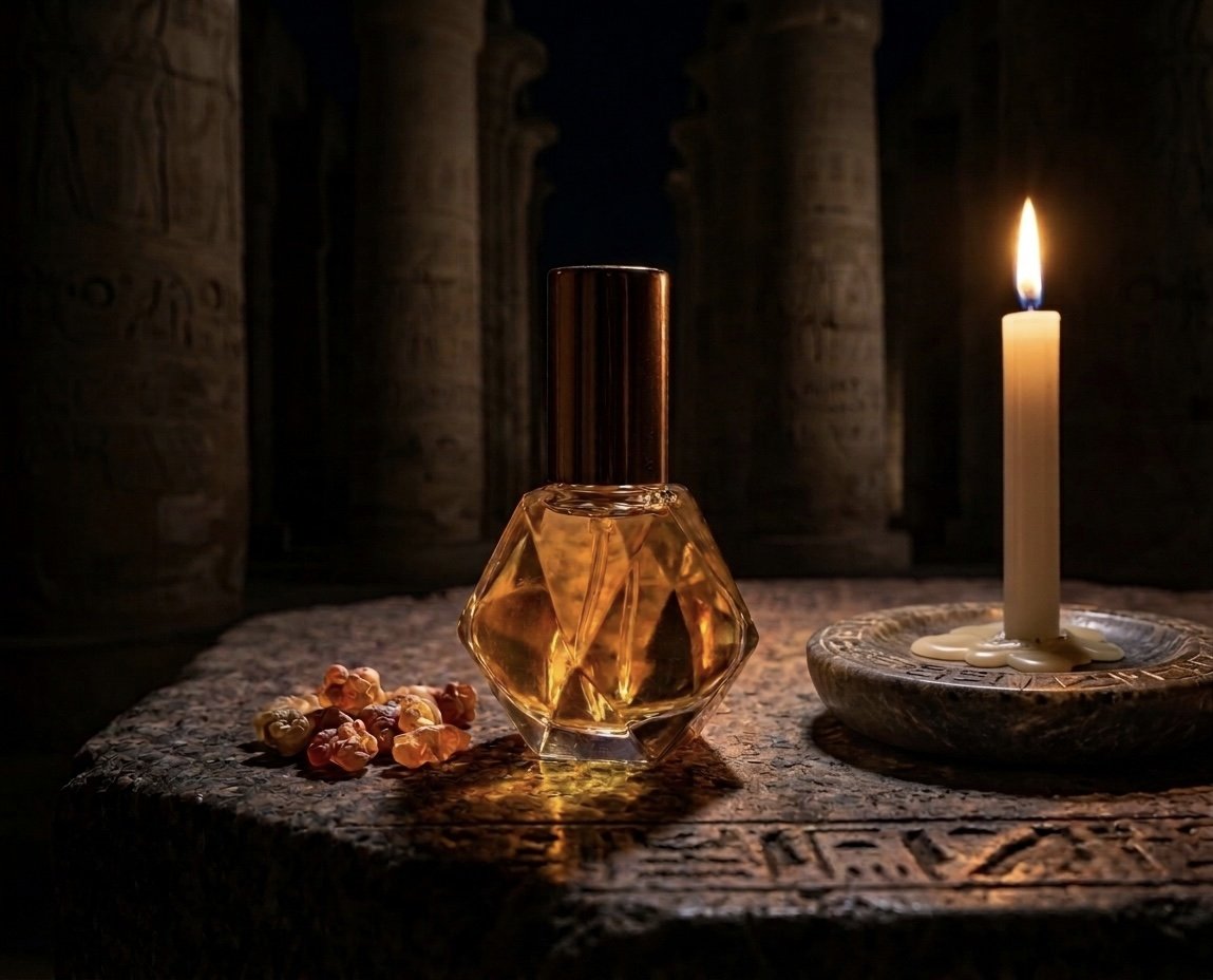 House of Hatshepsut faceted perfume bottle beside frankincense resin and a lit candle in a temple
